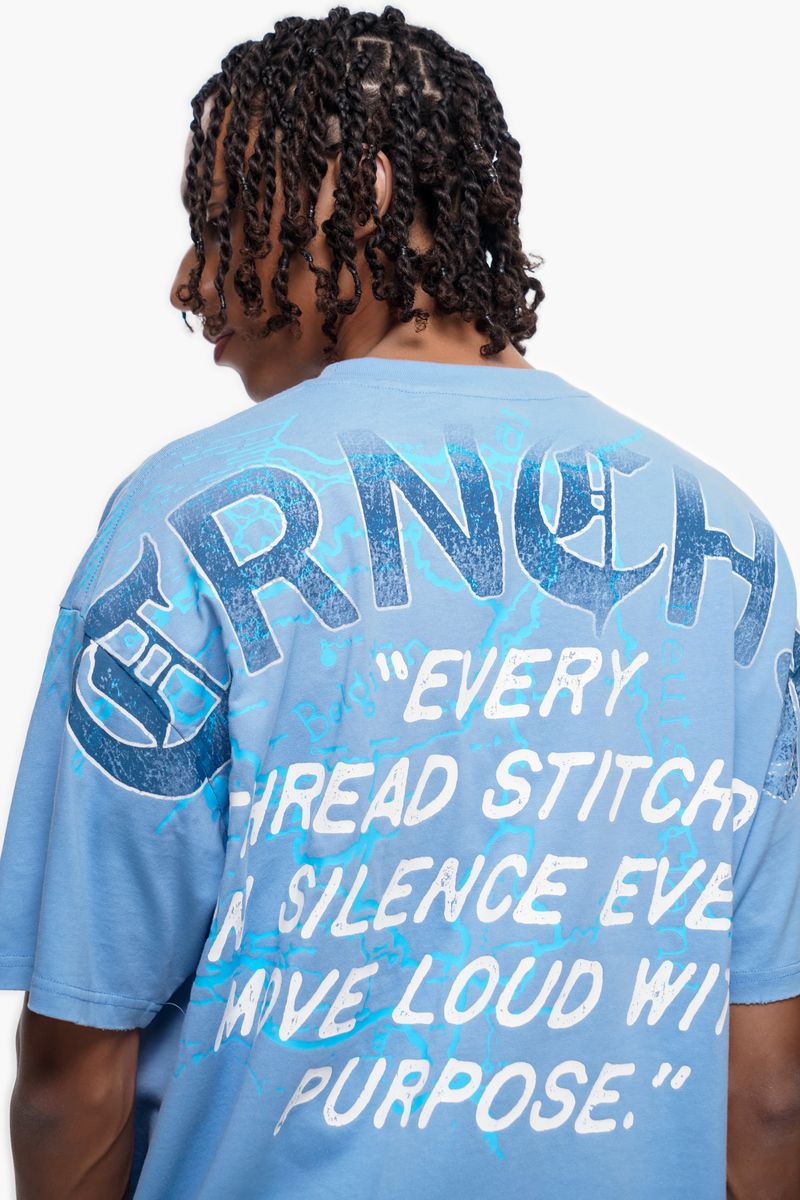 STITCHED IN SILENCE" Blue t-shirt