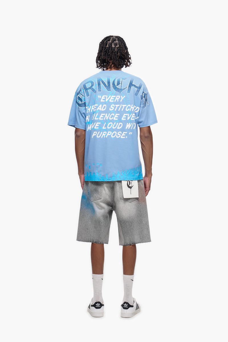 STITCHED IN SILENCE" Blue t-shirt