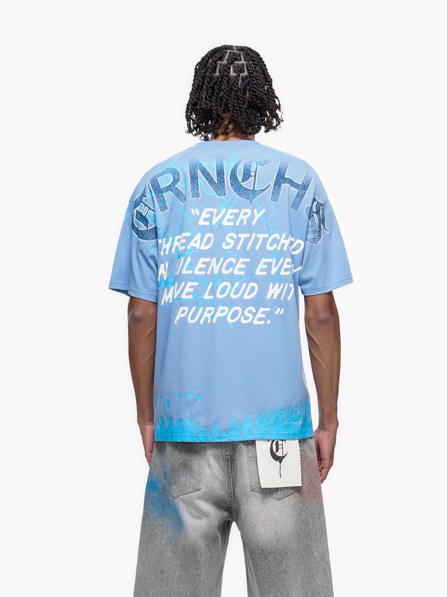 STITCHED IN SILENCE" Blue t-shirt